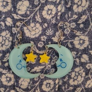 Charming Kids Moon and Star Earrings - Light Blue and Yellow